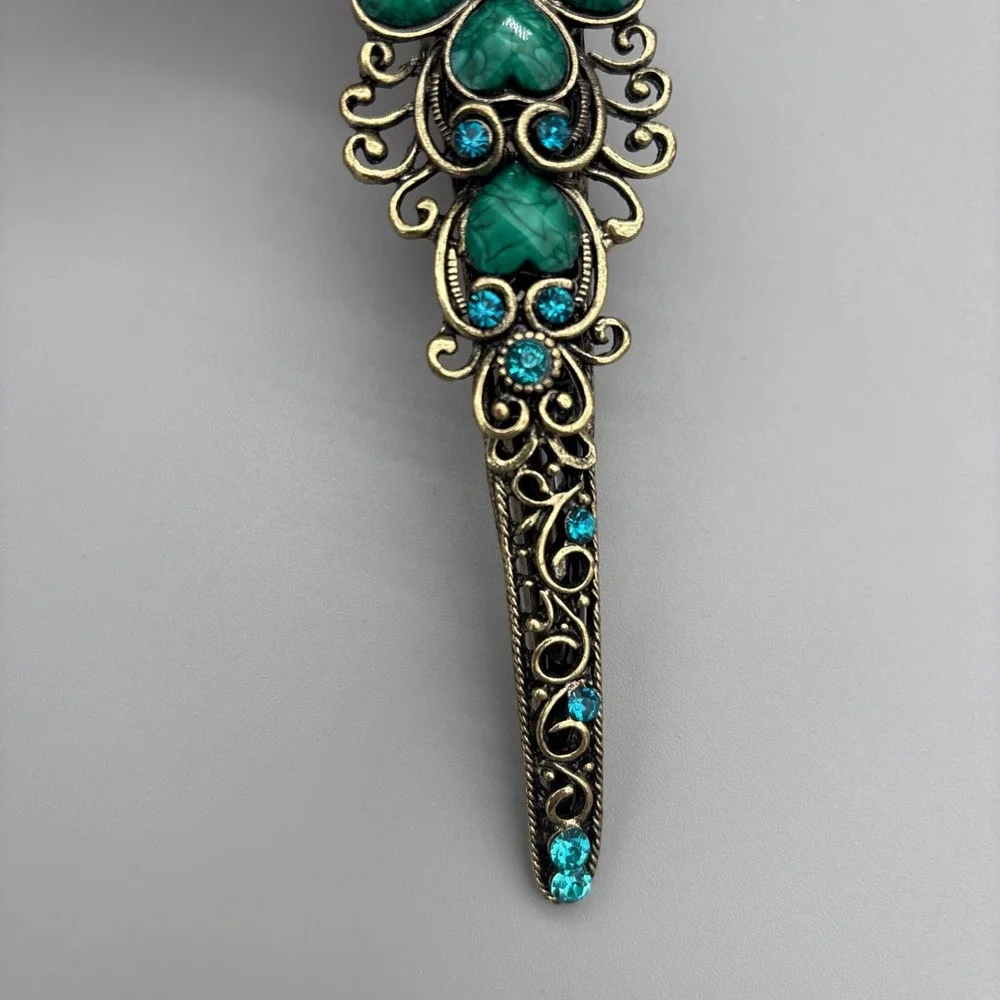 Vintage Hair Clip Barrette Blue‎ Rhinestone Heart Pewter Metal 5